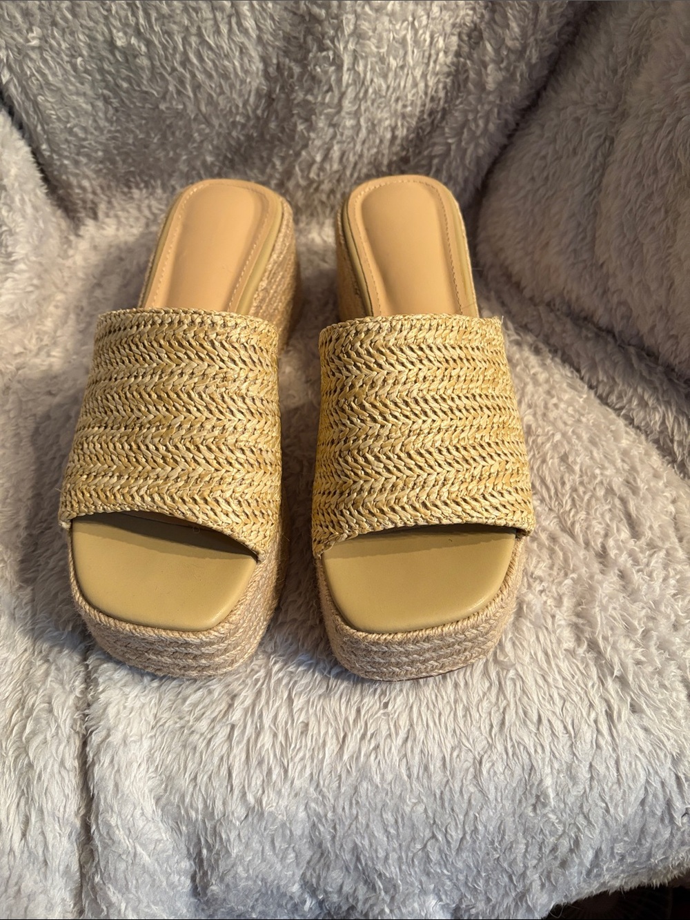Neutral Woven Platform Wedge Slides - Beige